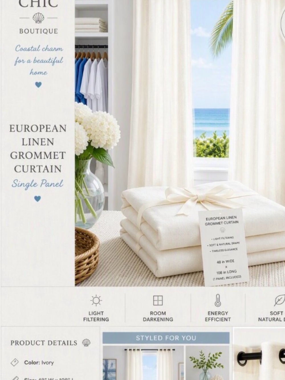 Quince Luxe Linen Ivory Curtain Panel Grommets 48x84 blackout